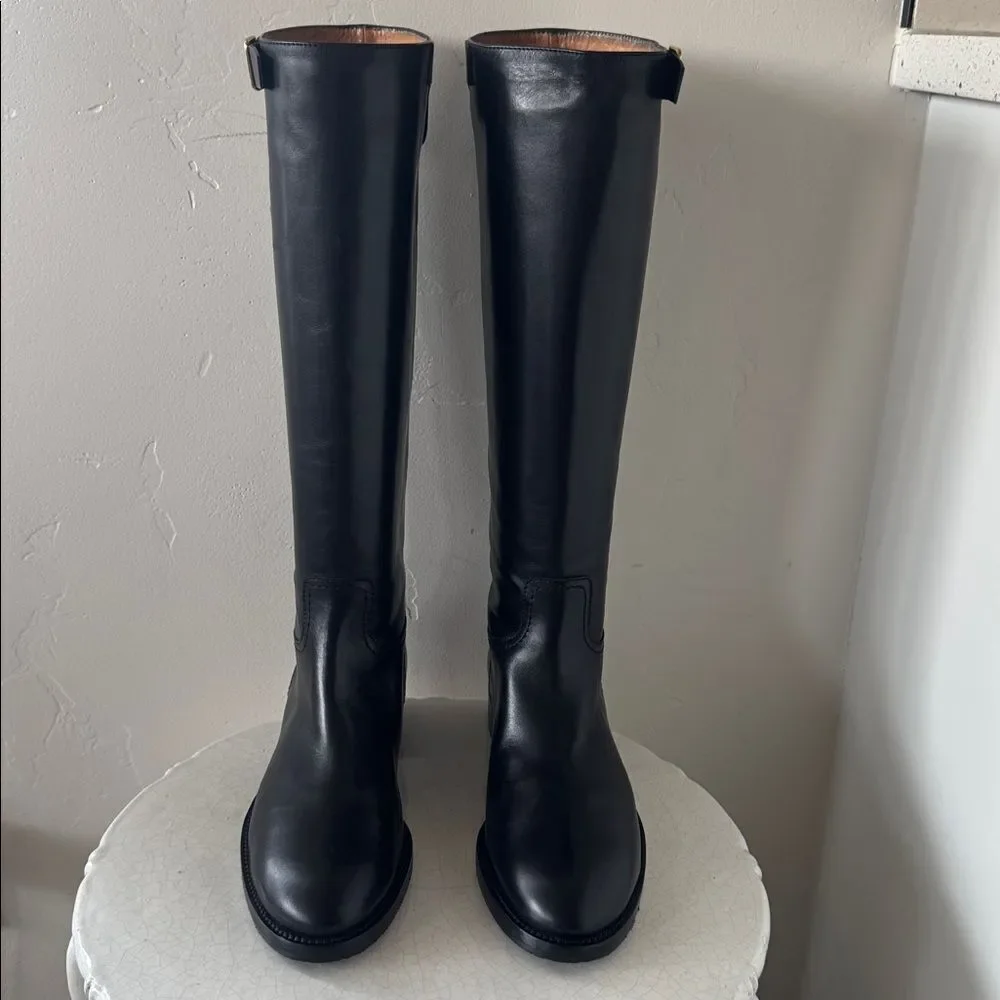 Mara Bini Black Knee-High Leather Boots Gold Buckle Sleek Pull-On Design Size 37